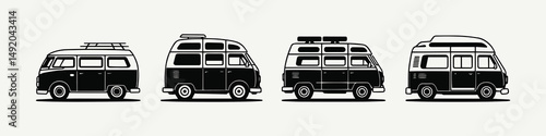 Set of black icons depicting various types of vans in a side view arrangement for graphic design projects