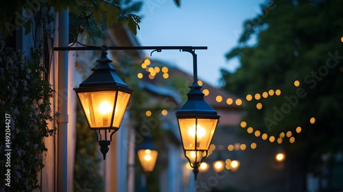 Fototapeta Naklejka Na Ścianę i Meble -  Street lights turning on at twilight in a small town