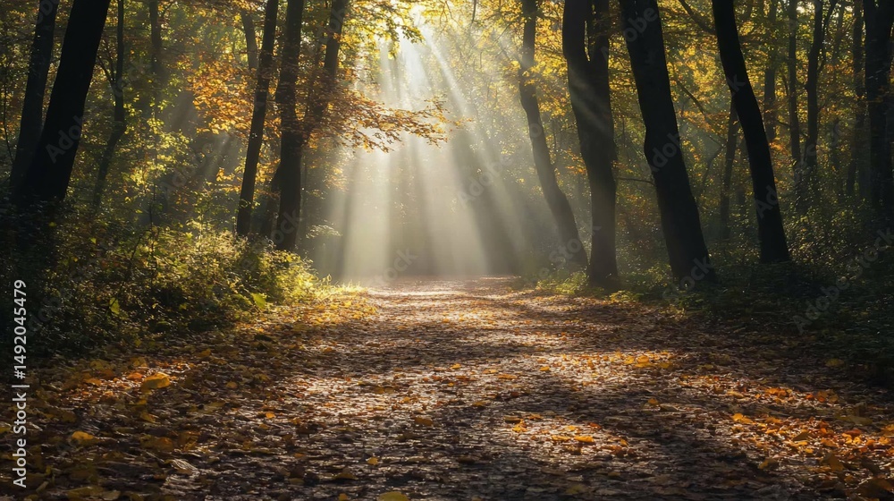 Obraz premium Enchanting autumn forest path bathed in golden sunlight through the trees
