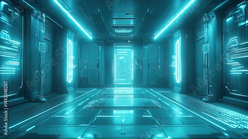 A futuristic VR escape room in the metaverse, glowing digital puzzles