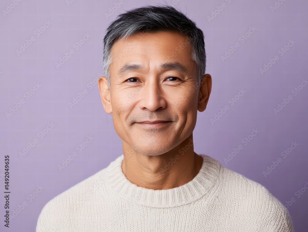 Obraz premium Serene Portrait: An attractive mature man with salt-and-pepper hair, radiating an aura of experience, wisdom, and subtle grace. His kind eyes and gentle smile speak volumes.
