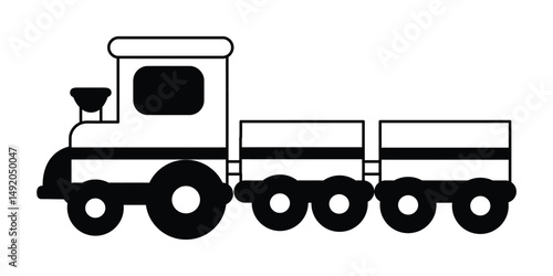 Black and white cartoon train with two carriages isolated on a white background