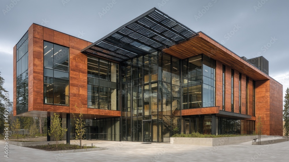 Daylight view of energy-efficient building with solar shading systems Daylight view of energy-efficient building with solar shading systems
