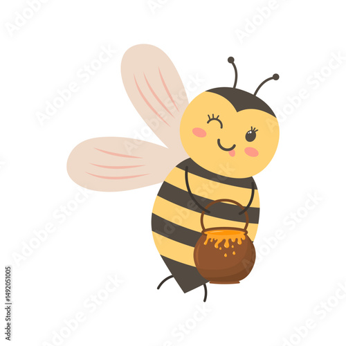 Cute bee with a pot of honey. Vector illustration isolated on white background.