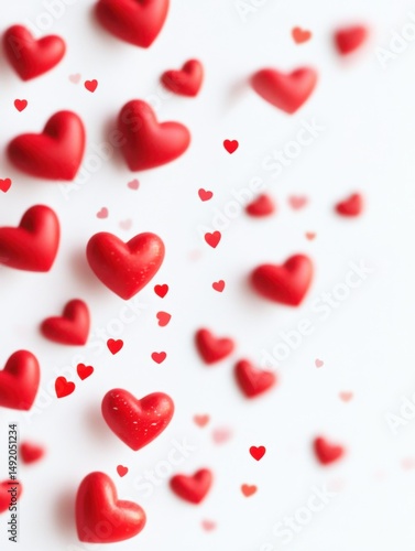 Scattered red hearts on white background for Valentine's Day celebration top down view studio shot romantic love concept