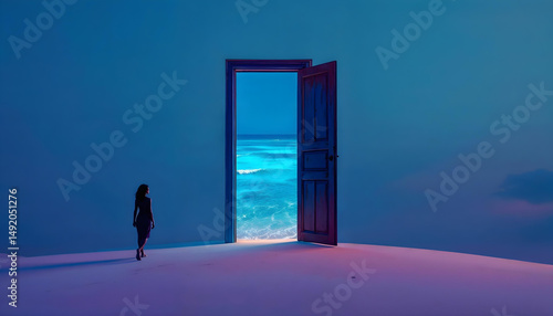 A child walking into a door that leads to an ocean suspended in mid-air, contemporary surrealism, minimalist yet deep