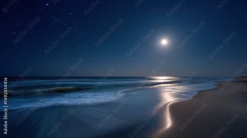 Fototapeta premium Nighttime Ocean Waves Under Moonlight and Stars, Evoking Tranquility and Coastal Getaways : Generative AI