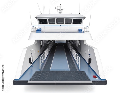 Front View of Modern White and Blue Ferry Boat with Open Deck Design