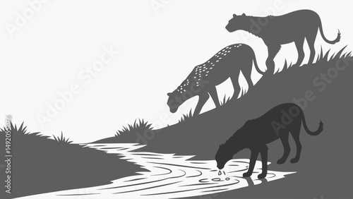 Grayscale Silhouette Illustration of Three Leopards Drinking and Walking by a River on a Hill