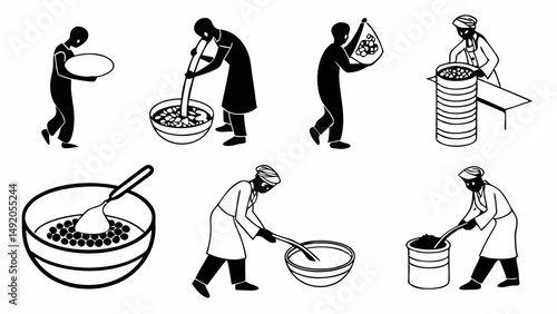 Black and white line art illustration of people preparing food, mixing ingredients, and pouring into large containers.