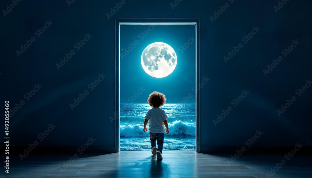 Obraz premium A person walking into a door that leads to an ocean suspended in mid-air, contemporary surrealism, minimalist yet deep