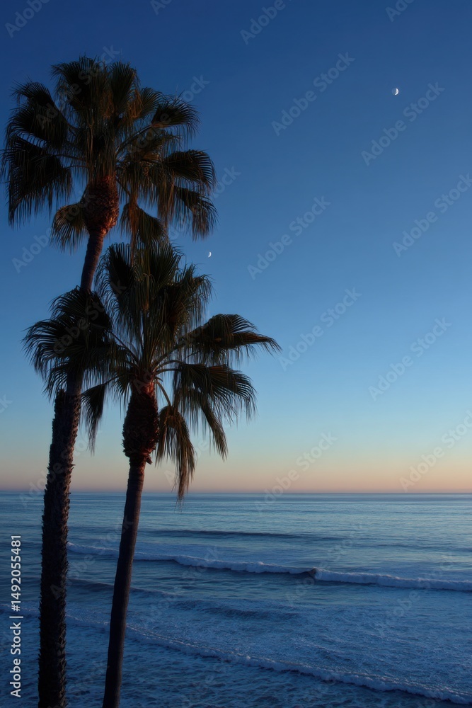 Obraz premium Palm Trees Silhouetted Against Ocean at Dusk, Evoking Tranquility and Coastal Getaways, Ideal for Travel and Tourism Campaigns : Generative AI