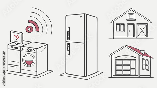 Simple Line Art Smart Home WiFi Fridge Washer Dryer and Houses