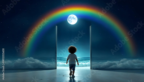 A person walking into a door that leads to an ocean suspended in mid-air, contemporary surrealism, minimalist yet deep