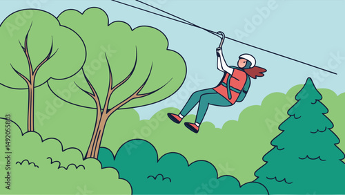 Flat illustration of a person zip-lining through a lush green forest canopy enjoying an outdoor adventure activity