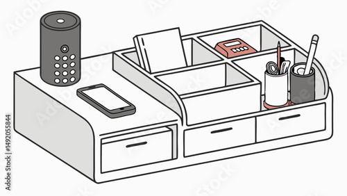 Minimalist Desk Organizer Illustration with Drawers Compartments and Office Supplies Storage