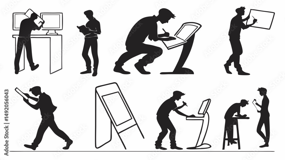 Obraz premium Black and white graphic silhouettes of people using technology, computers, and displays, various poses and actions