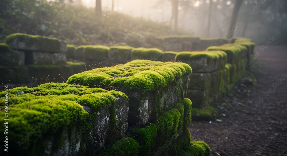Obraz premium Moss Covered Stone Wall in Forest, Nature Background