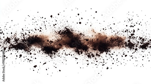 A burst of dark brown powder explodes against a stark white background, creating a dynamic, textured effect