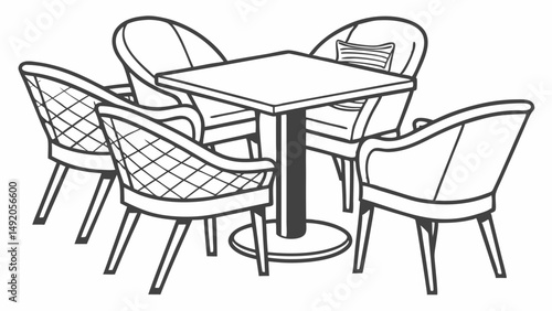 Modern Square Pedestal Dining Table Set with Four Armchairs