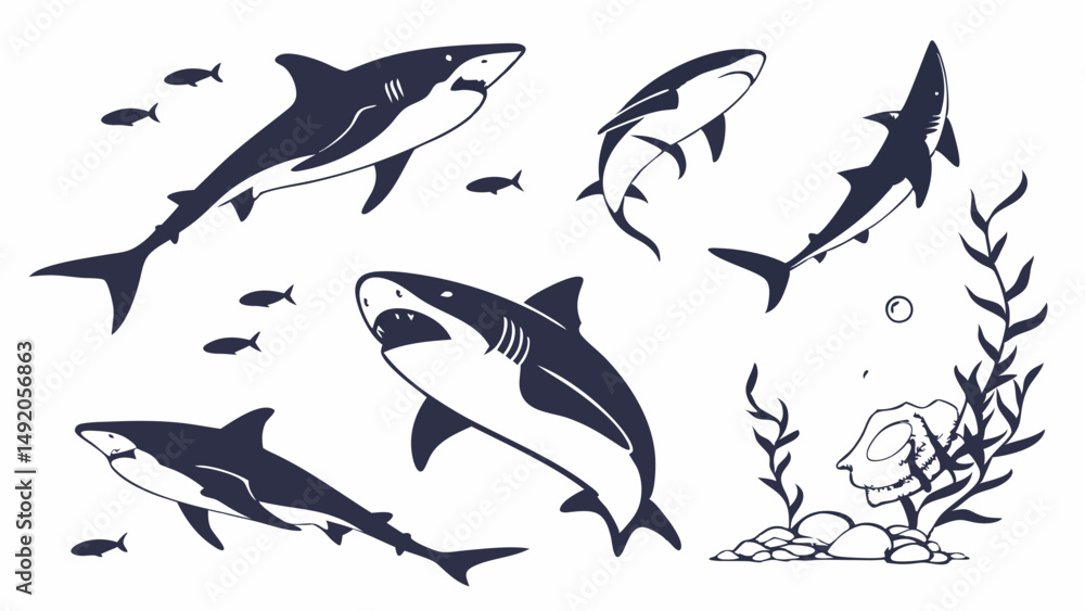 Graphic Set of Great White Sharks Swimming in the Ocean with Small Fish and Underwater Plants Graphic Set of Great White Sharks Swimming in the Ocean with Small Fish and Underwater Plants