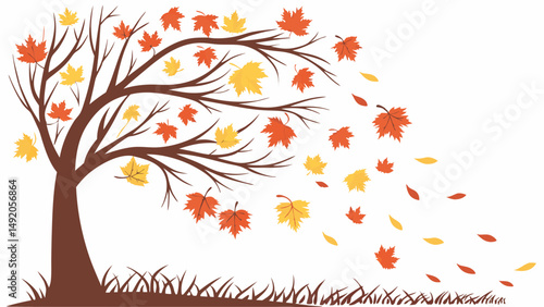 Illustration of Autumn Tree with Leaves Blowing in Wind Vector Graphic Fall Season Nature Art