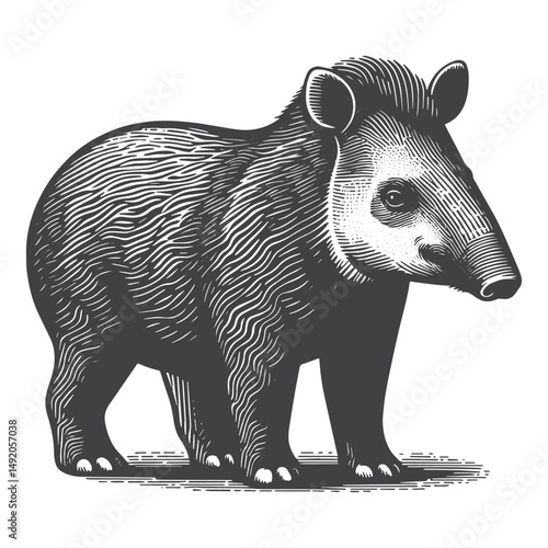 Vintage Hand-Drawn Tapir Front View Illustration – Wildlife Engraved Style Vector for T-Shirts, Posters, Stickers, and Wildlife Apparel