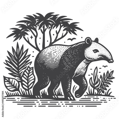 Vintage Hand-Drawn Tapir with Forest Background Illustration – Wildlife Engraved Style Vector for T-Shirts, Posters, Stickers, and Wildlife Apparel