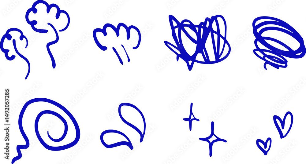 Fototapeta premium Blue doodle-style weather and sparkle icons in handdrawn sketch set