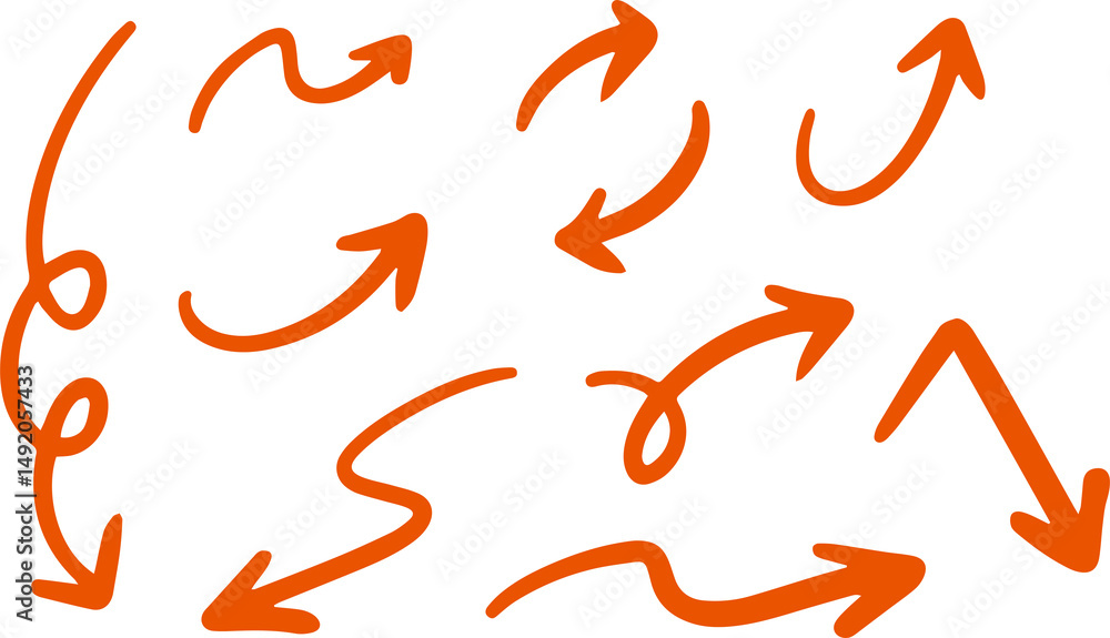 Orange expressive sketch arrows in flowing and dynamic doodle style. Orange expressive sketch arrows in flowing and dynamic doodle style.