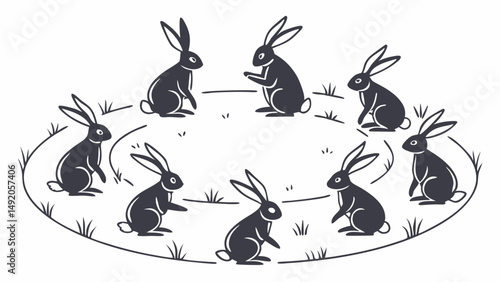 Black and White Illustration of Cute Rabbits Sitting in a Circle on Grass Group Meeting Sketch