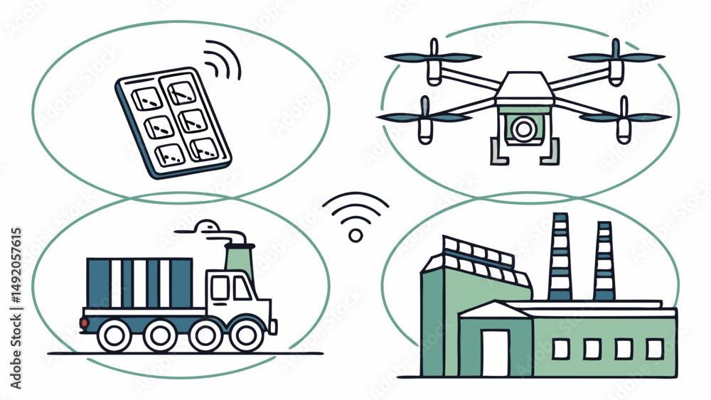 Fototapeta premium Smart Logistics Industry 4.0 Connectivity Illustration with Drone Truck Tablet and Factory Wireless Network