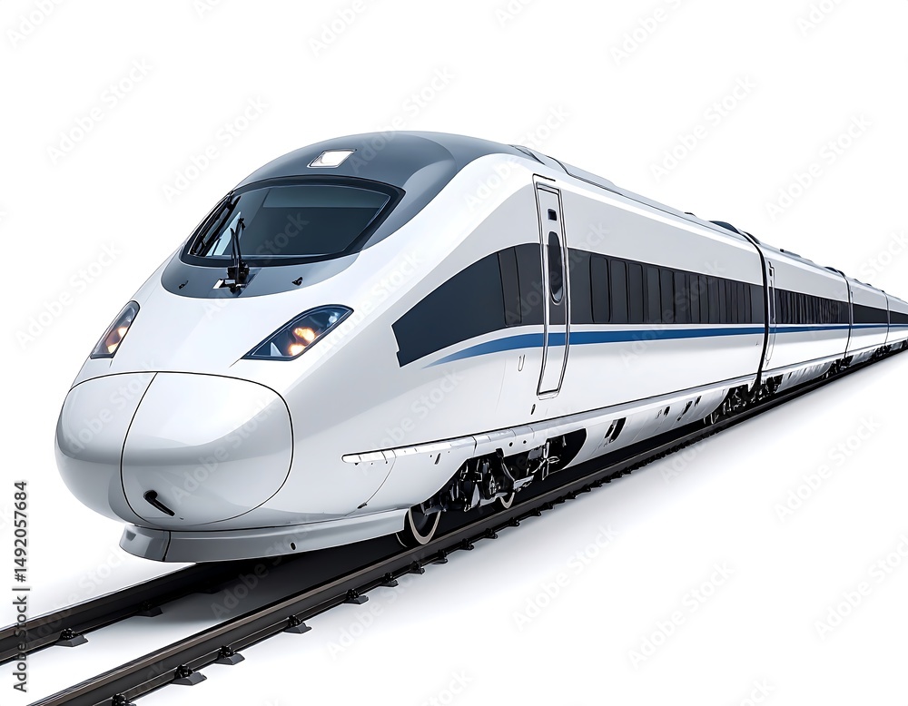 Streamlined White High-Speed Train On Tracks Against White Background Streamlined White High-Speed Train On Tracks Against White Background