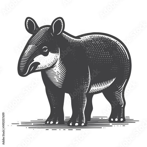 Vintage Hand-Drawn Tapir Side View Illustration – Wildlife Engraved Style Vector for T-Shirts, Posters, Stickers, and Wildlife Apparel