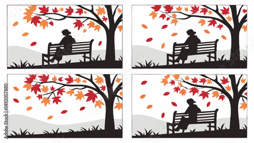 Autumn Silhouette Art Person Sits on Park Bench Under Tree with Falling Red and Orange Leaves