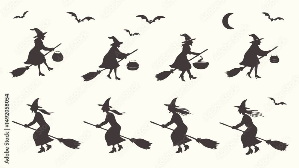 Naklejka premium Halloween Flying Witch Silhouette Set with Bats and Moon Black Silhouettes for Spooky Design