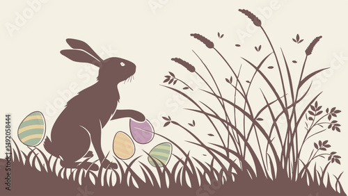 Stylized Vintage Sepia Easter Bunny Silhouette Placing Colorful Easter Eggs in Tall Grass & Reeds - Classic Spring Holiday Scene Art