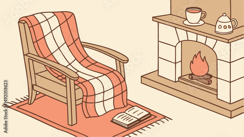 Cozy Reading Nook Illustration with Armchair Blanket Book and Fireplace Warm Hygge Home Scene Drawing