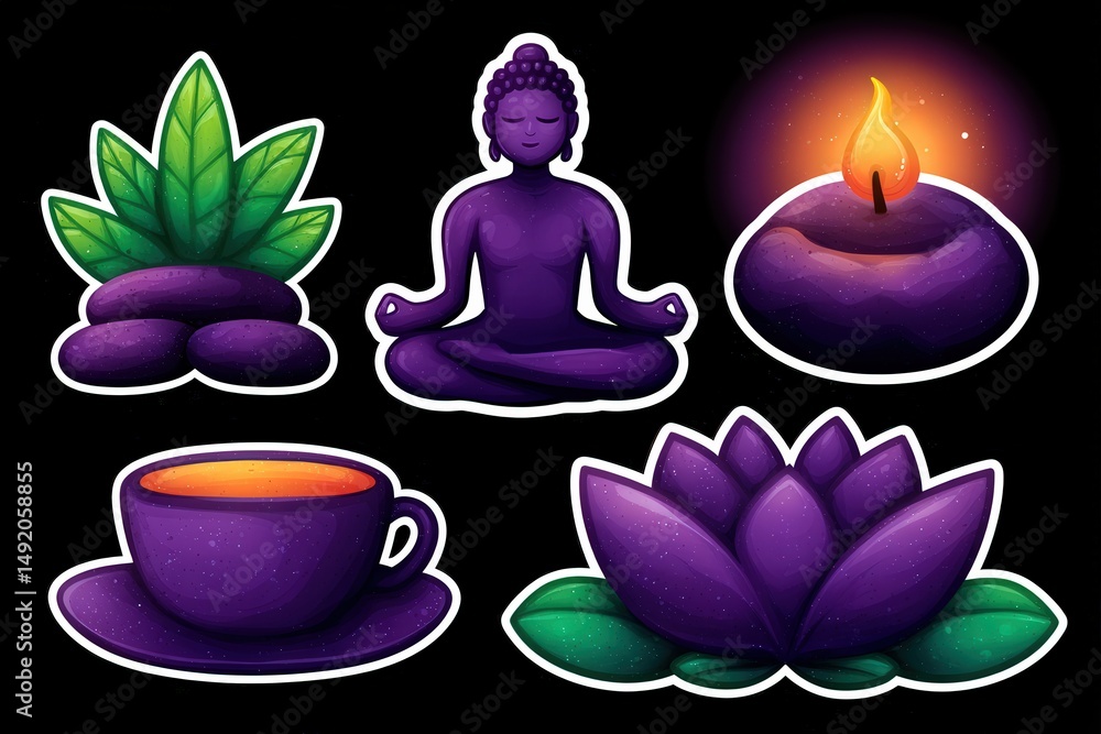 Serene purple Buddha meditating among lotus flowers tea cup and glowing candle floating alongside stacked stones symbolizing tranquility harmony and mindfulness illuminated by soft light Serene purple Buddha meditating among lotus flowers tea cup and glowing candle floating alongside stacked stones symbolizing tranquility harmony and mindfulness illuminated by soft light