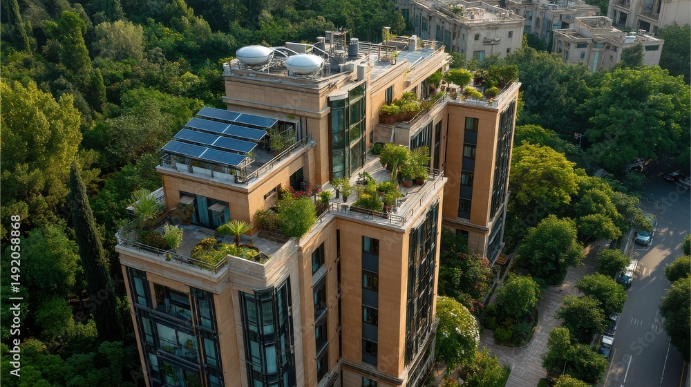 Fototapeta premium Solar water heater on top of eco-friendly residential building