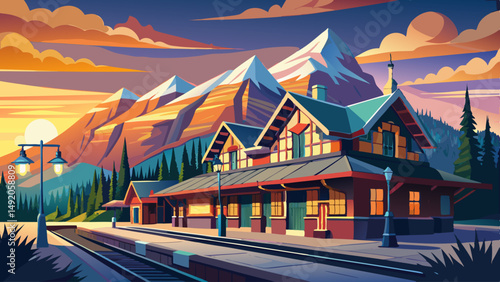 Banff Railway Station in summer evening. Banff National Park, Canadian Rockies. Banff, Alberta, Canada. Very beautiful 