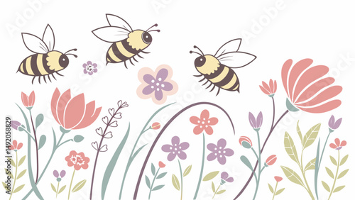 Cute Cartoon Bees Flying Over Pastel Flowers Meadow Illustration