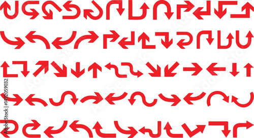 Red Arrow Navigation Set: A vibrant collection of red arrows, each pointing in a different direction, perfect for illustrating diverse concepts and guiding users. 