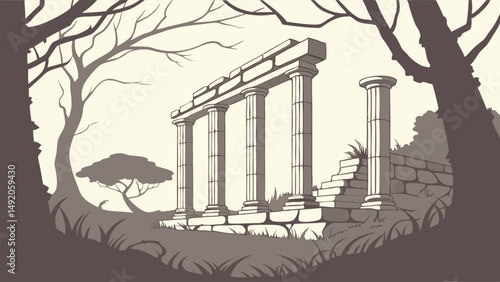 Detailed Sepia Tone Sketch of Ancient Temple Ruins Classical Columns and Steps in an Overgrown Forest Landscape