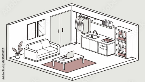 Compact Studio Apartment Layout Isometric Illustration Living Area Kitchenette Wardrobe Storage