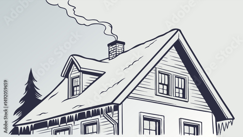 Black and White Illustration of a Winter House with Snow Icicles Smoke and Pine Tree