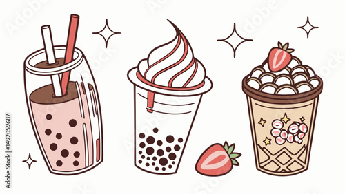 Cute Pastel Hand Drawn Bubble Tea Illustrations Set Aesthetic Boba Drinks with Strawberry and Sparkles