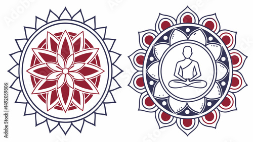 Red White Blue Mandala Designs with Lotus Flower and Meditating Buddha Figure Illustration