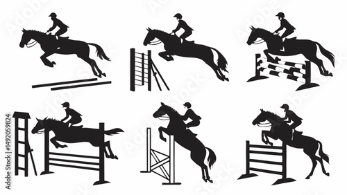 Black and White Silhouettes of Equestrian Horse Show Jumping Riders and Horses Over Obstacles