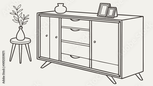 Mid Century Modern Sideboard Buffet Cabinet Furniture Line Art Sketch Drawing